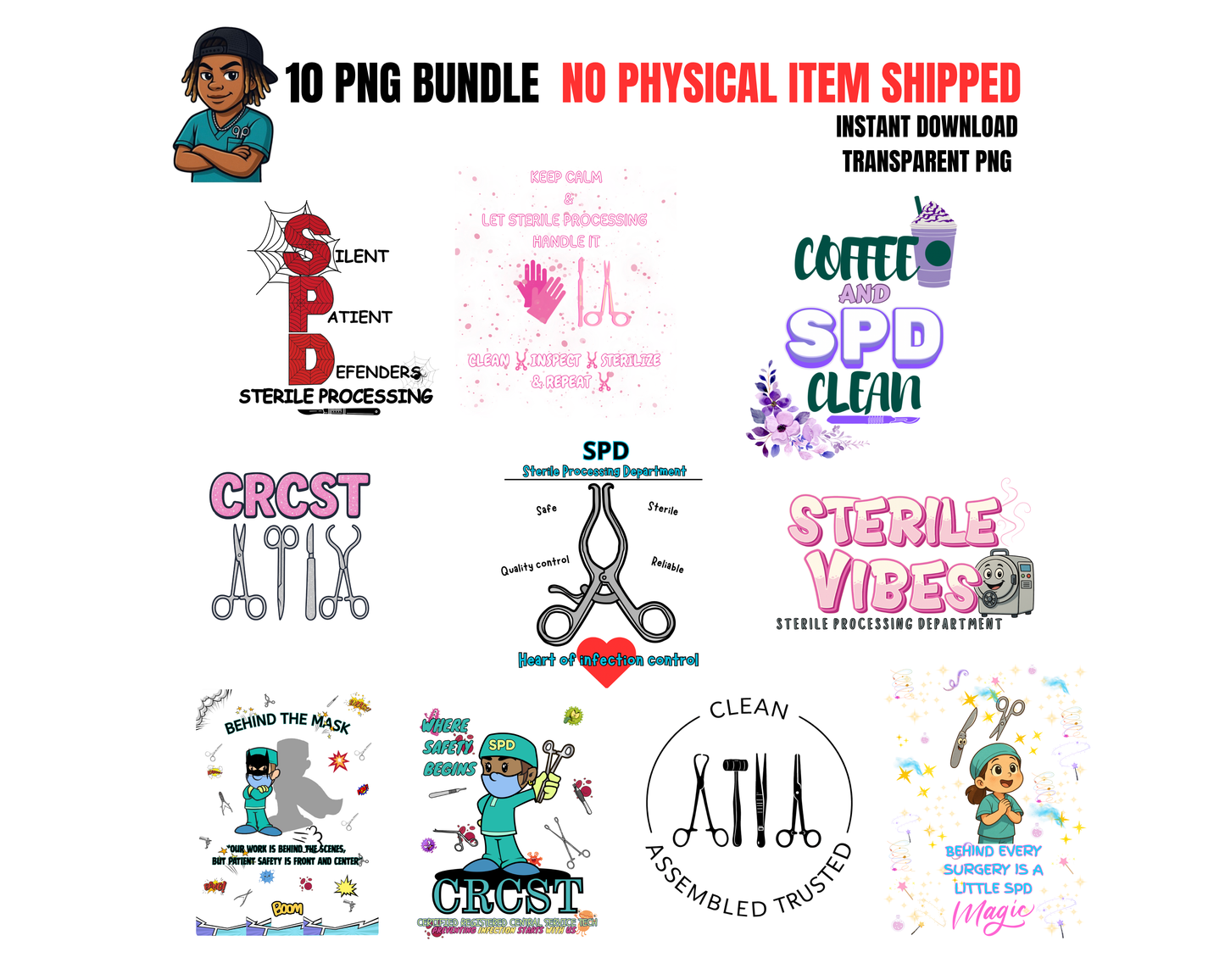 10 SPD PNG Bundle | Sterile Processing Digital Download | CRCST | SPD Week PNG Files | Sublimation & Cricut Bundle